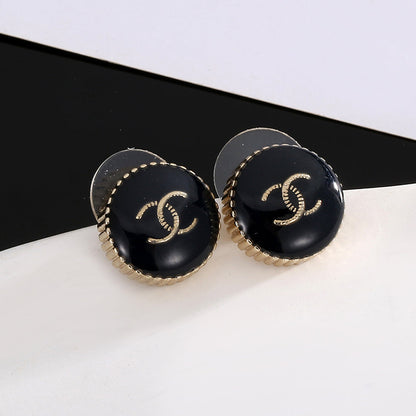 18K CC Circle Black Resin Earrings