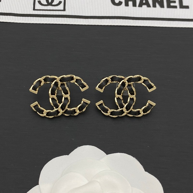 18K CC Black Leather Gold Earrings