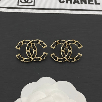 18K CC Black Leather Gold Earrings