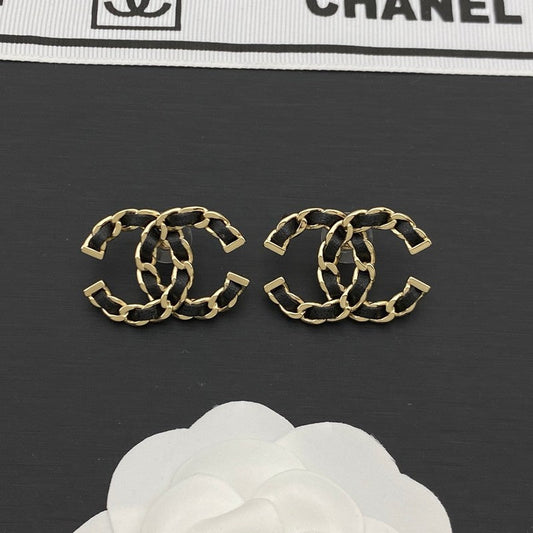 18K CC Black Leather Gold Earrings