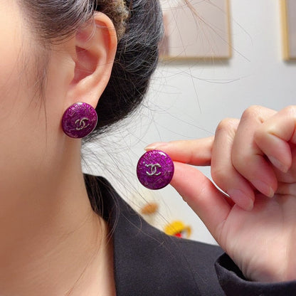 18K CC Purple Round Earrings