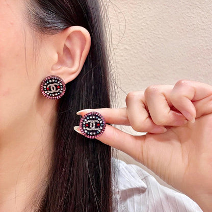 18K CC Red & Blue Crystal Round Earrings