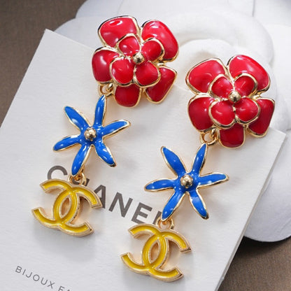 18K CC Blue & Red Flower Gold Earrings