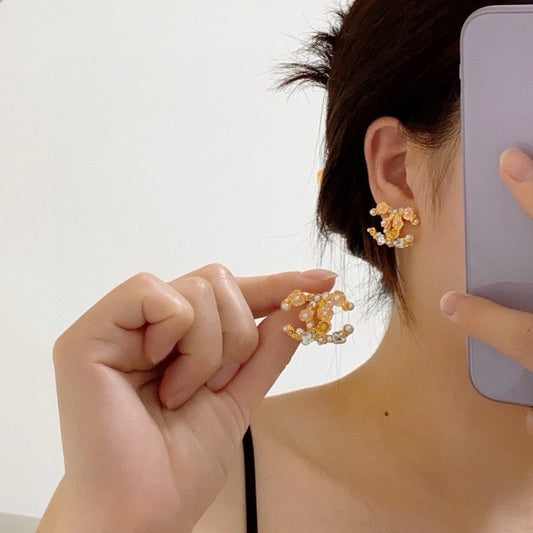 18K CC Pink Camellia Pearl & Gold Earrings