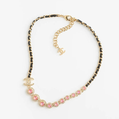 18K CC Pink Crystals Leather Necklace