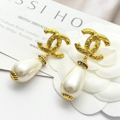 18K CC Pearl Pendant Gold Earrings