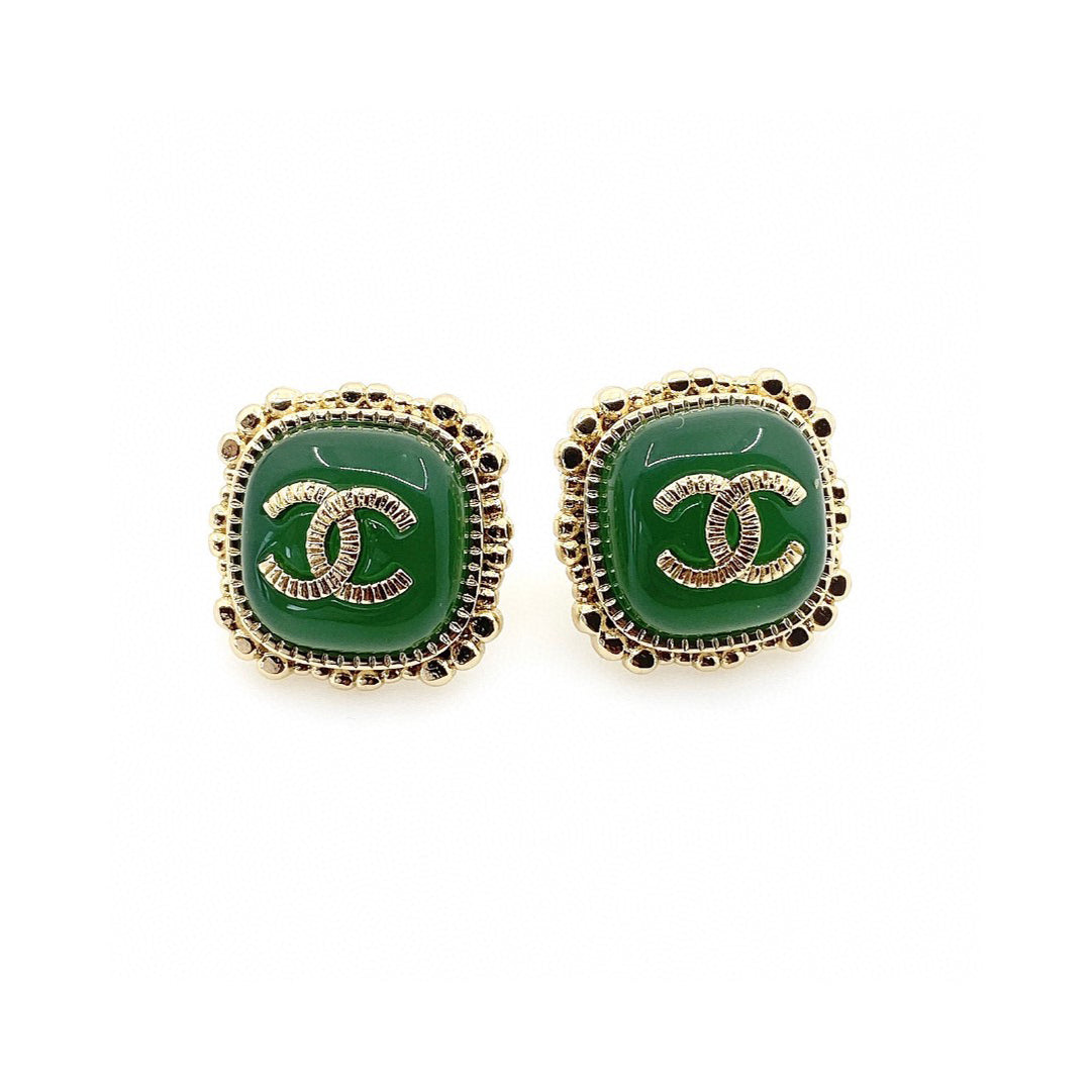 18K CC Green Square Earrings