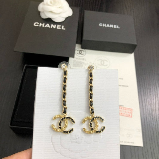 18K CC Leather Gold Long Earrings