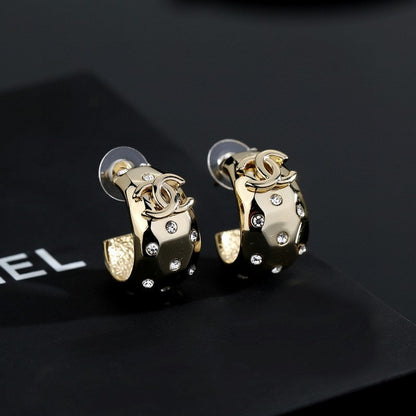 18K CC Half Circle Diamond Gold Earrings