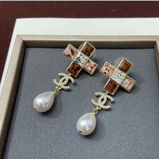 18K CC Red Cross Pearl Pendant Earrings