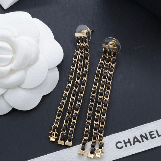 18K CC Black Leather Chain Gold Earrings