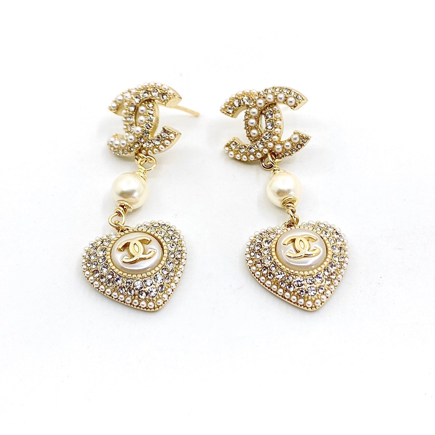 18K CC Heart Drop Earrings