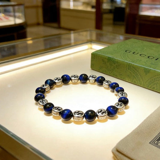 18K GG Anger Forest Blue Tiger's Eye Bead Chain Bracelet