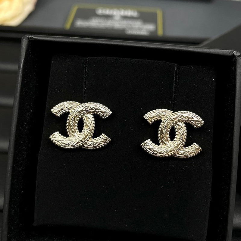 18K CC Relief Gold Earrings