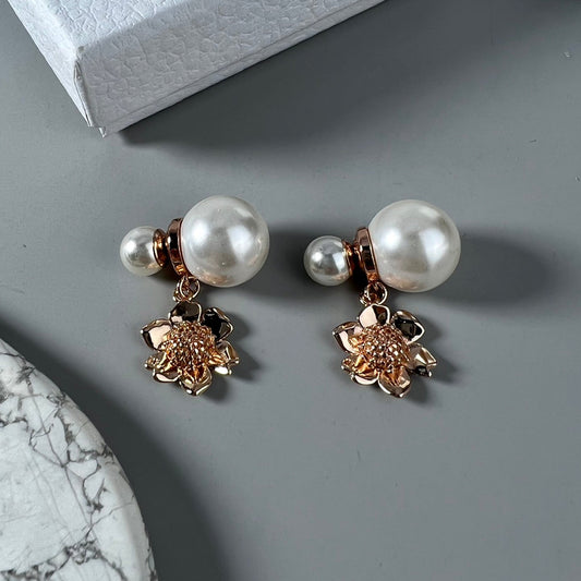 18K CD Vintage Flower Pearl Earrings