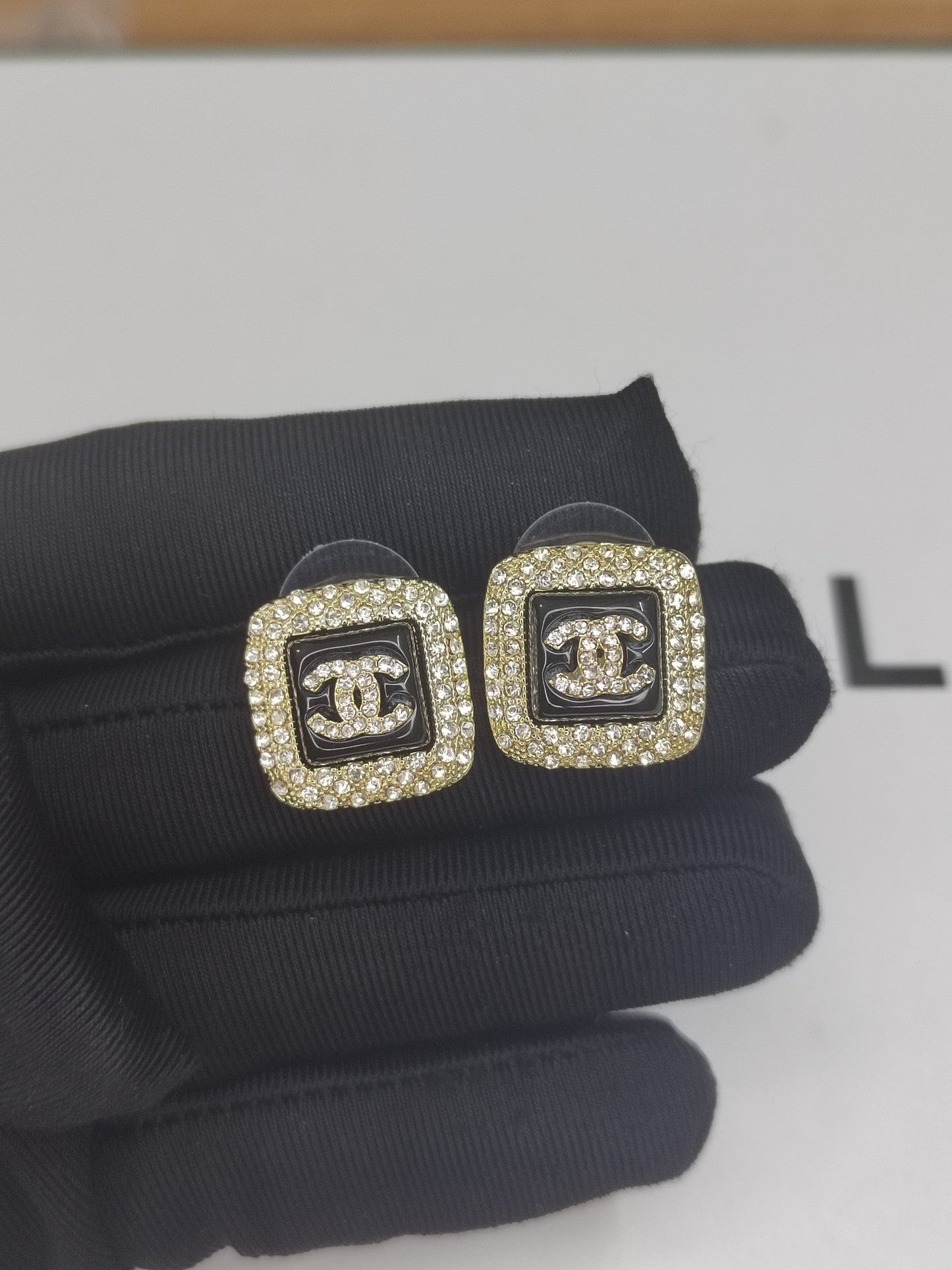 18K CC Diamond Square Black Earrings