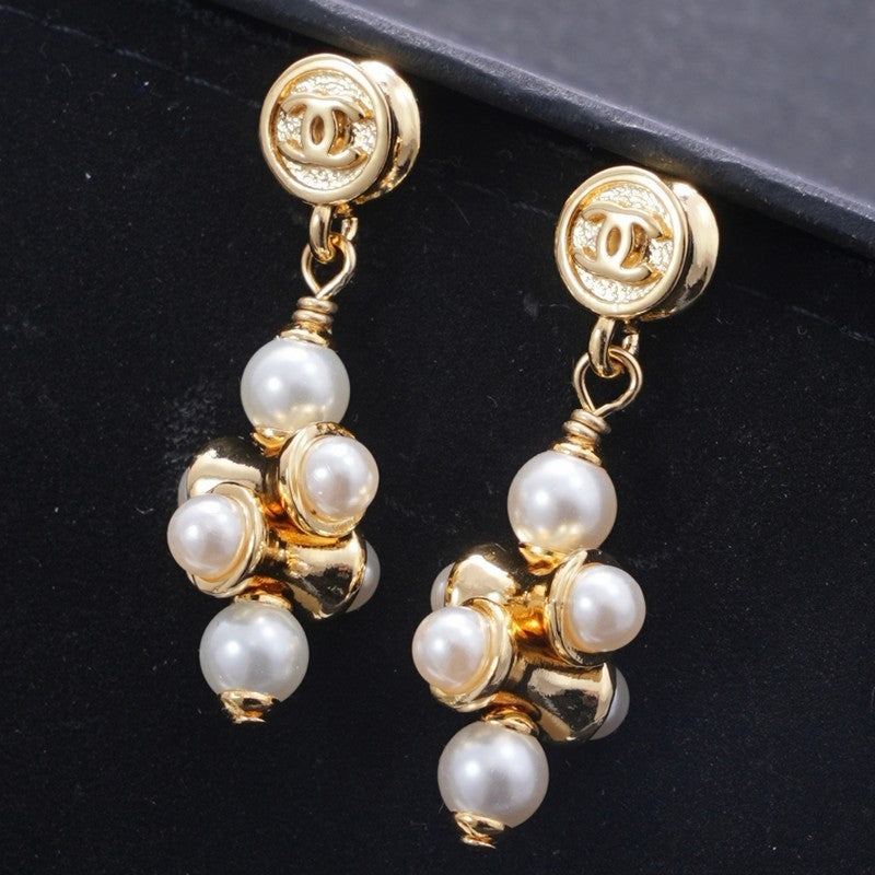 18K CC Pearl Drop Gold Earrings