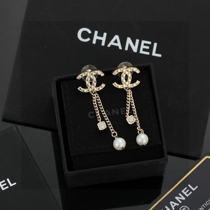 18K CC Long Pearl Pendant Earrings