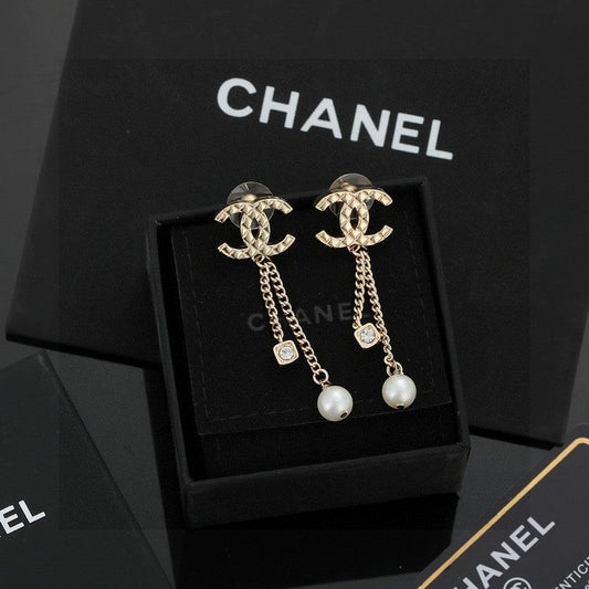 18K CC Long Pearl Pendant Earrings