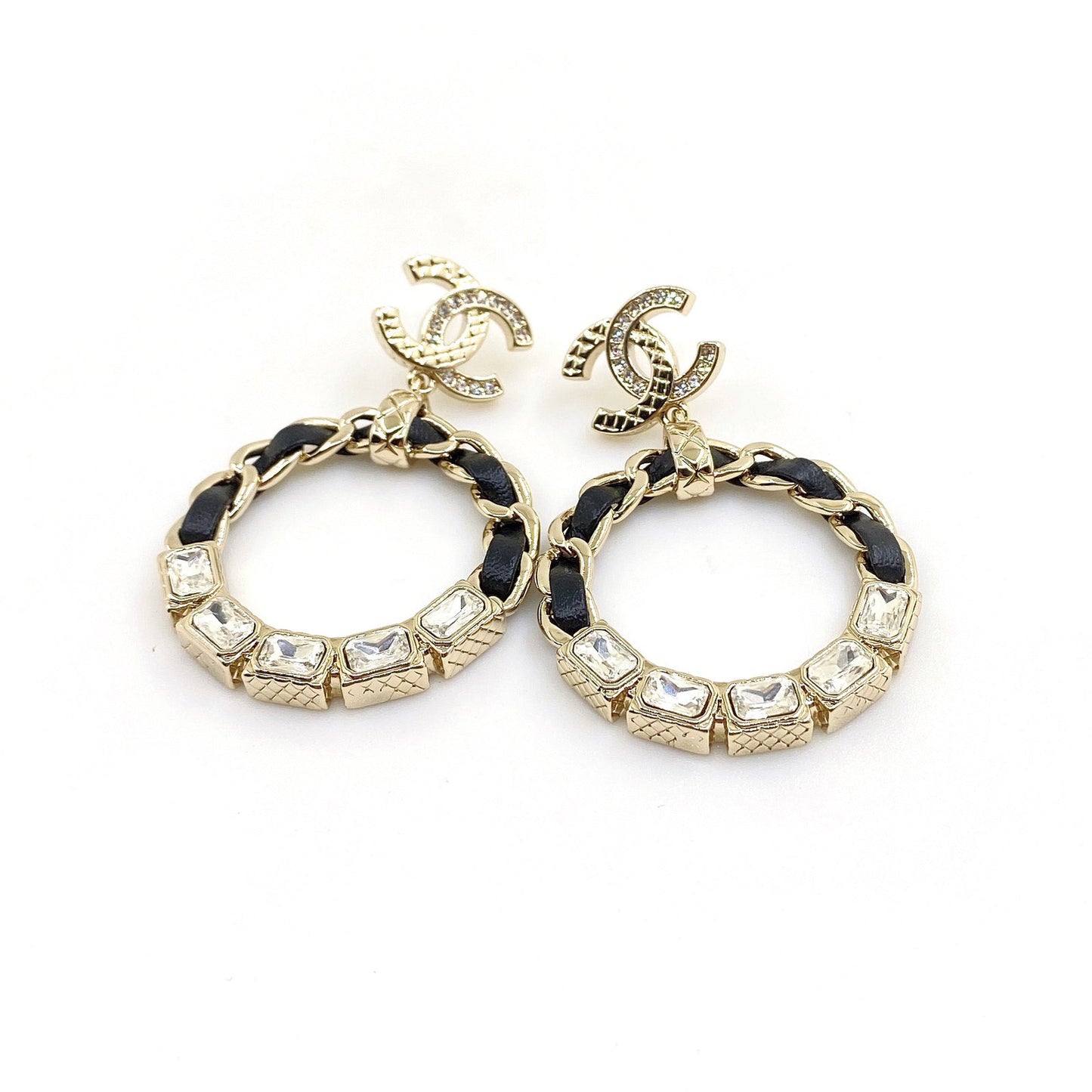 18K CC Leather Cricle Earrings