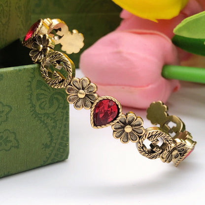 18K Double G Flowers Red Crystals Open Cuff Bracelet
