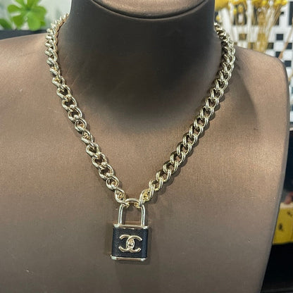 18K CC Black Leather Gold Lock Necklace