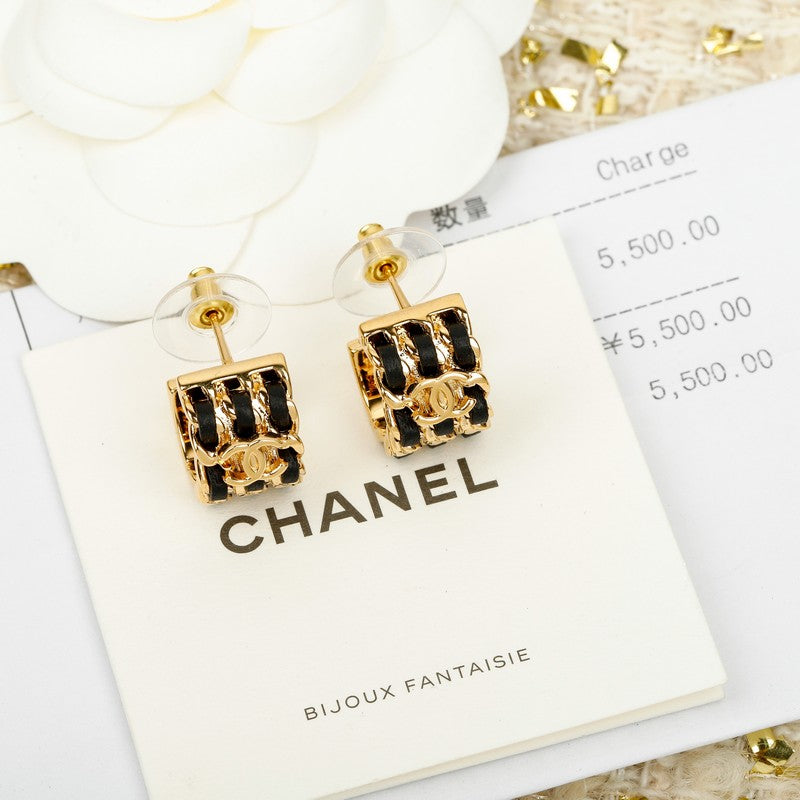 18K CC Half Circle Leather Gold Earrings