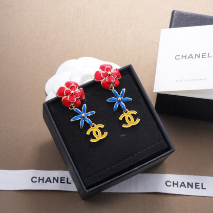 18K CC Blue & Red Flower Gold Earrings