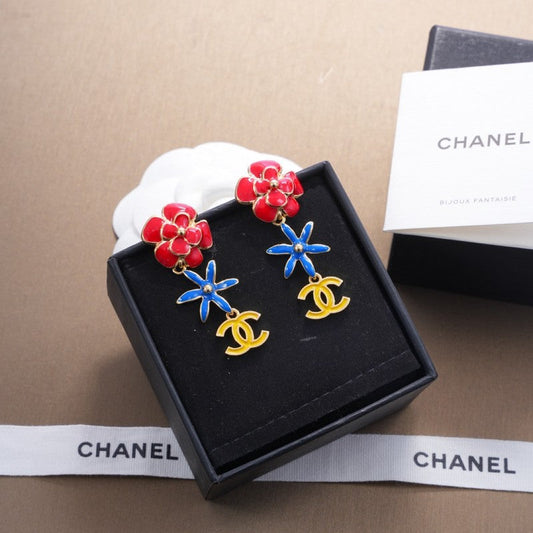 18K CC Blue & Red Flower Gold Earrings