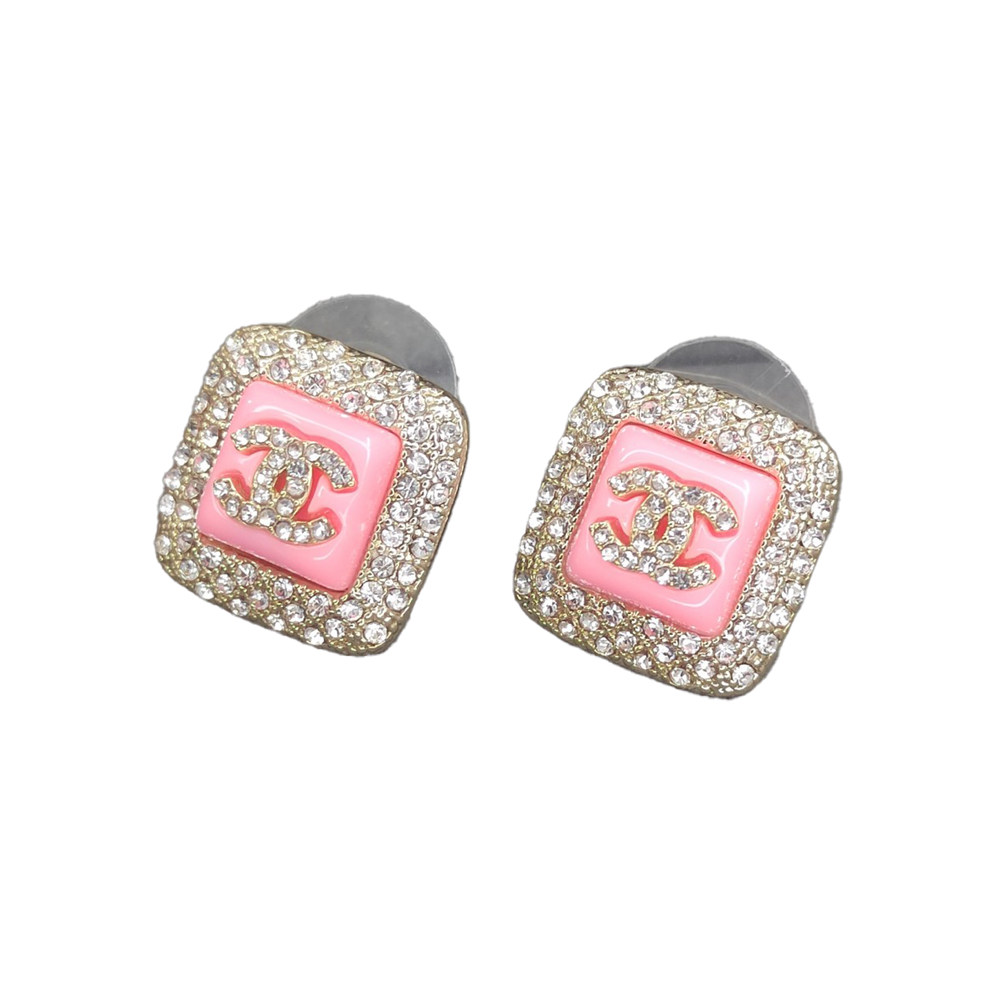 18K CC Diamond Square Pink Earrings
