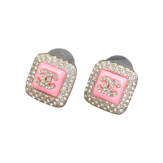 18K CC Diamond Square Pink Earrings