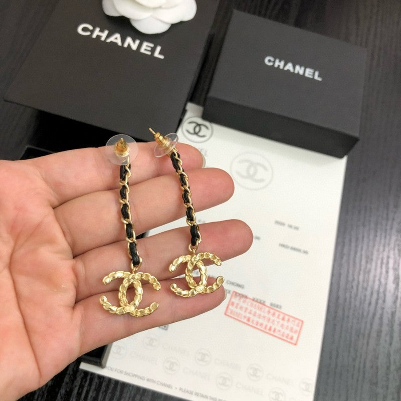 18K CC Leather Gold Long Earrings