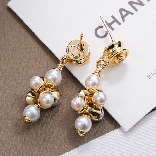 18K CC Pearl Drop Gold Earrings
