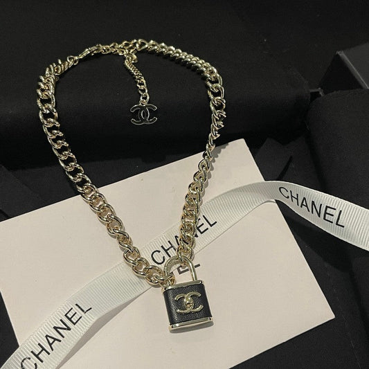 18K CC Black Leather Gold Lock Necklace