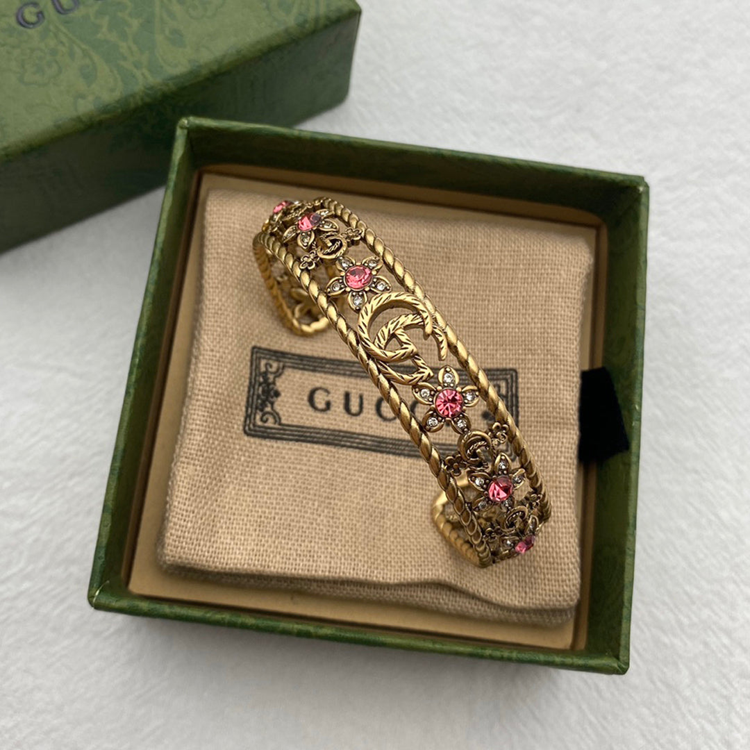 18K Double G Red Crystal Flower Cuff Bracelet