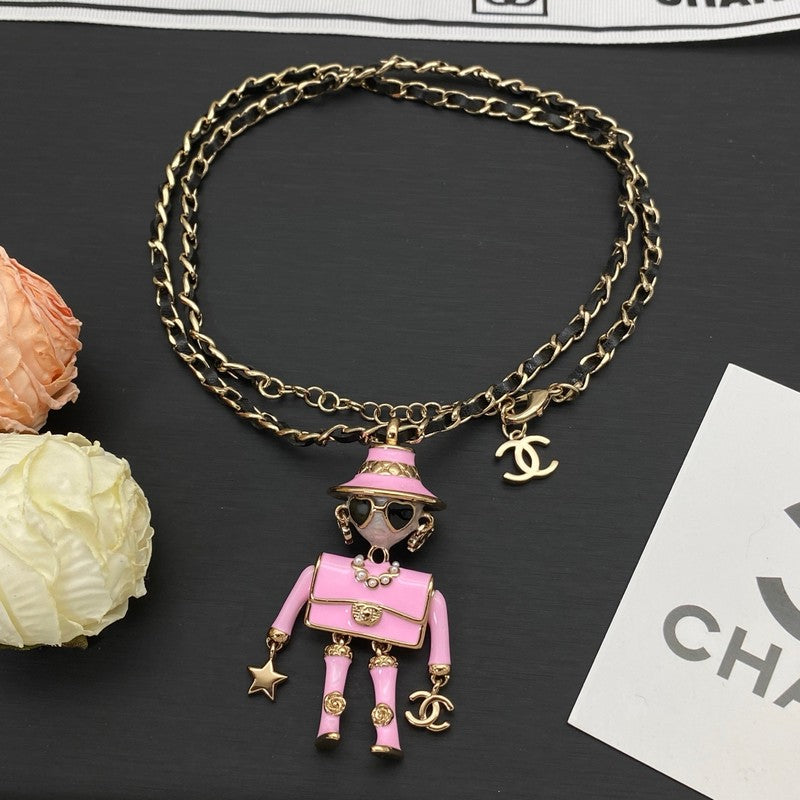 18K CC Pink & Black Leather Necklace