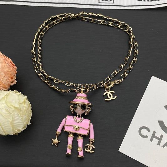 18K CC Pink & Black Leather Necklace