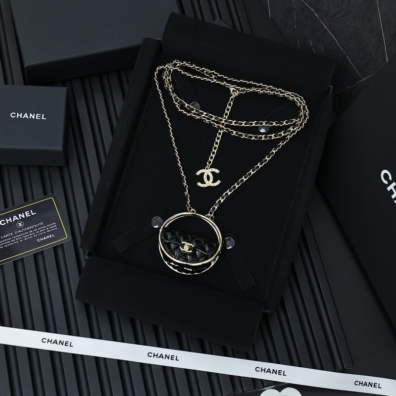 18K CC Black Bag Long Leather Necklace