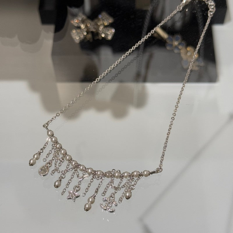 18K CC 26C Pearl Diamond Tassel Choker Necklace