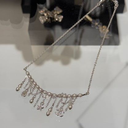 18K CC 26C Pearl Diamond Tassel Choker Necklace