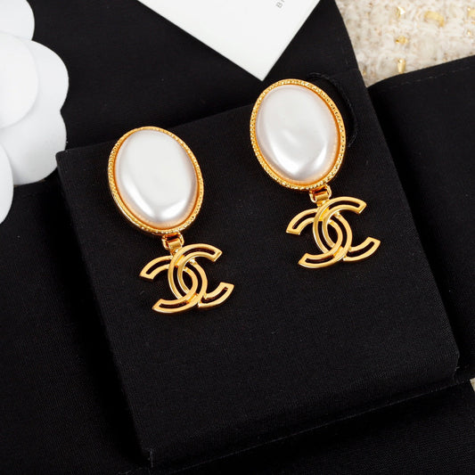 18K CC Big Pearl Pendant Earrings