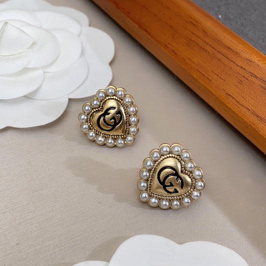18K Double G Heart Pearl Earrings