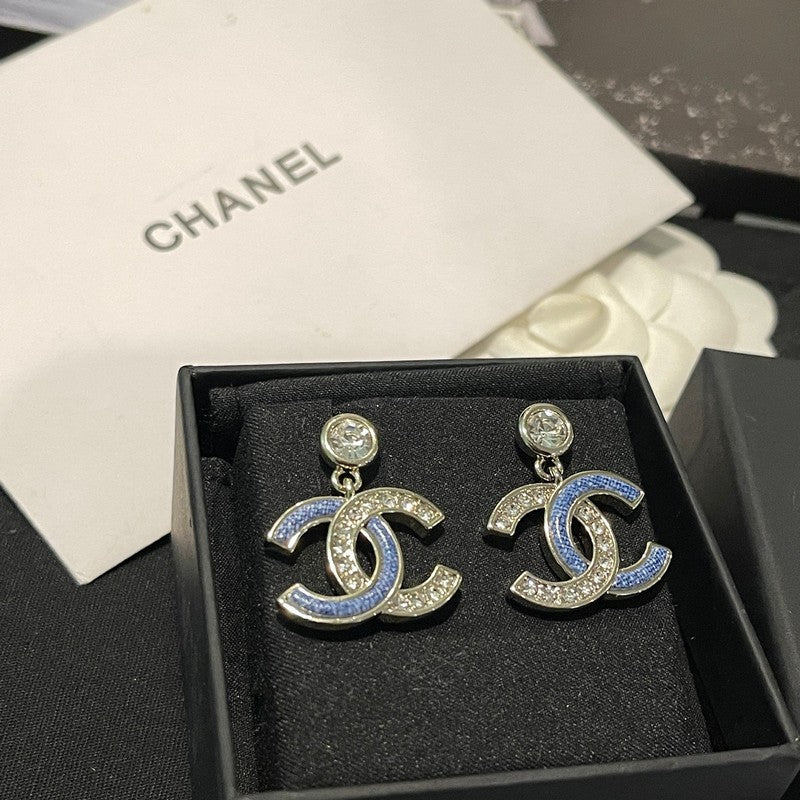 18K CC Blue Diamond Pendant Gold Earrings