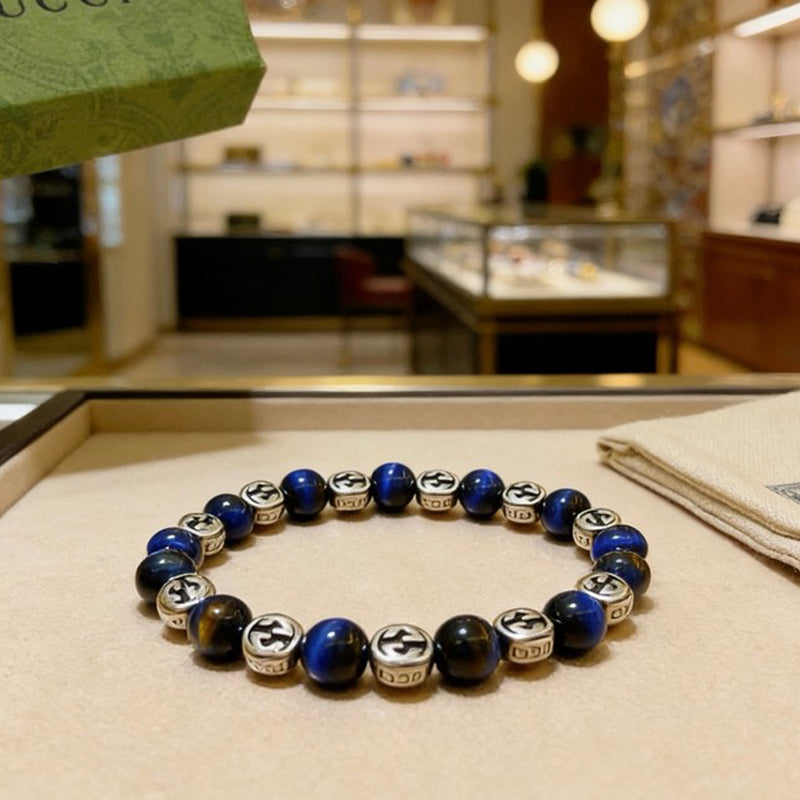 18K GG Anger Forest Blue Tiger's Eye Bead Chain Bracelet