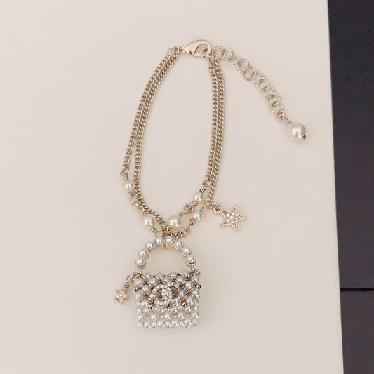 18K CC Bag Pendant Pearl Bracelet