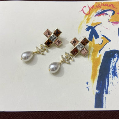 18K CC Red Cross Pearl Pendant Earrings