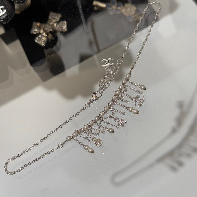 18K CC 26C Pearl Diamond Tassel Choker Necklace