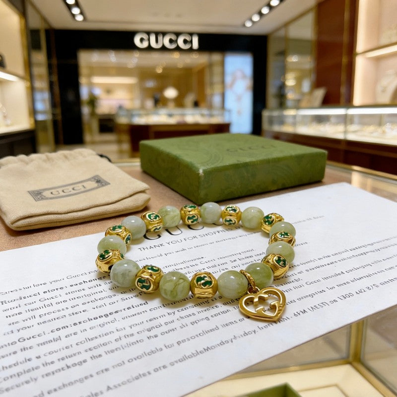 18K GG Anger Forest Green Bead Gold Chain Bracelet