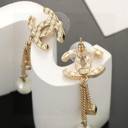 18K CC Long Pearl Pendant Earrings