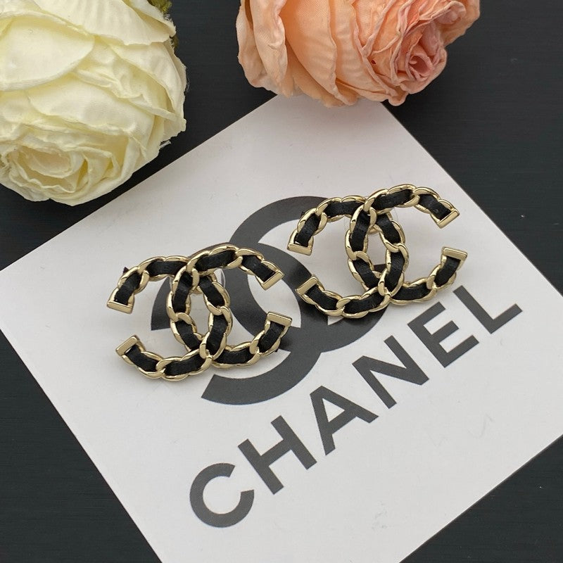 18K CC Black Leather Gold Earrings